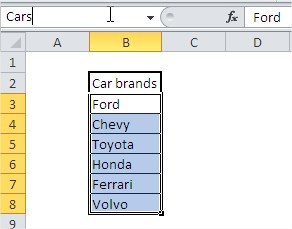 Excel drop down list name box